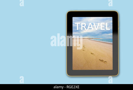 Tablet with beach scene on display - Footsteps in the sand - 3D Rendering Stock Photo