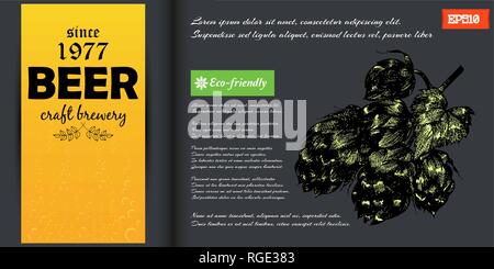 Dark brochure template with beer hop in engraving style with color. Vector illustration. Stock Vector