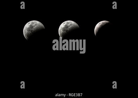 Photographic sequence of the lunar eclipse occurred on the night of January 20, 2019, seen from the city of Santa Clara, Cuba Stock Photo
