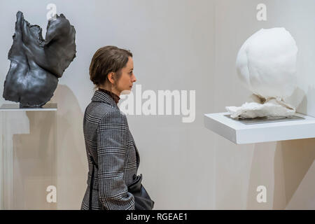 Mayfair, London, UK. 19th Jan 2019. Folds by Nicole Farhi - she unveils her new sculpture exhibition at Beaux Arts gallery in Mayfair. The life-size sculptures celebrate the beauty of the human figure and the shapes and curves formed by flesh on parts of the female body. One of the models for the series was Sue Tilley, who sat for Lucian Freud for his painting ‘Benefits Supervisor Sleeping'. Credit: Guy Bell/Alamy Live News Stock Photo