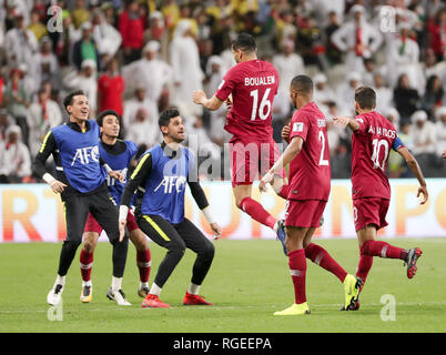 Abu Dhabi, United Arab Emirates (UAE). 29th Jan, 2019. Qatar's Boualem Khoukhi (3rd R) celebrates scoring during the semifinal match between the United Arab Emirates and Qatar at the 2019 AFC Asian Cup in Abu Dhabi, the United Arab Emirates (UAE), Jan. 29, 2019. Credit: Li Gang/Xinhua/Alamy Live News Stock Photo