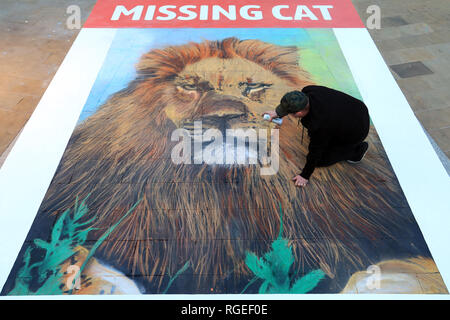London, UK. 29th January, 2019. NOW YOU SEE ME, NOW YOU DON’T  Giant missing cat poster is a stark reminder that big cats are disappearing before our very eyes  •The emotive artwork was commissioned by National Geographic to raise awareness of its Big Cats Initiative which works to halt the global decline of big cats in the wild  •The disappearing poster was designed by street artist, Dean Zeus Colman, as a poignant reminder of the role humans play in the demise of big cats  •Lions have now disappeared from 90% of their historic range1    Credit: Oliver Dixon/Alamy Live News