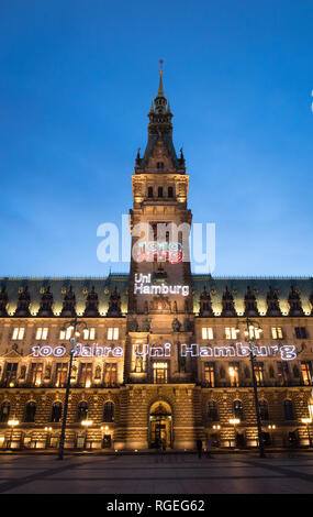 Hamburg, Germany. 29th Jan, 2019. The town hall is illuminated with the stroke 'From all for all - 100 years of Hamburg University'. Credit: Christian Charisius/dpa/Alamy Live News Stock Photo