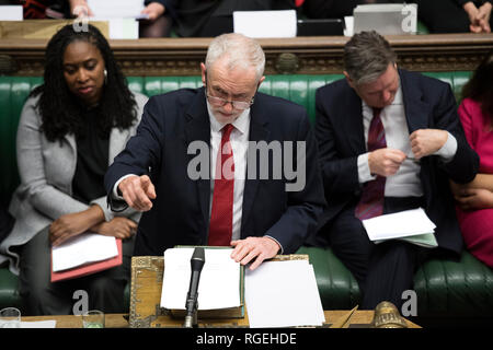 London, Britain. 29th Jan, 2019. British Labour leader Jeremy Corbyn (Front) attends a debate on the Brexit deal amendments in the House of Commons in London, Britain, on Jan. 29, 2019. Credit: UK Parliament/Jessica Taylor/Xinhua/Alamy Live News Stock Photo