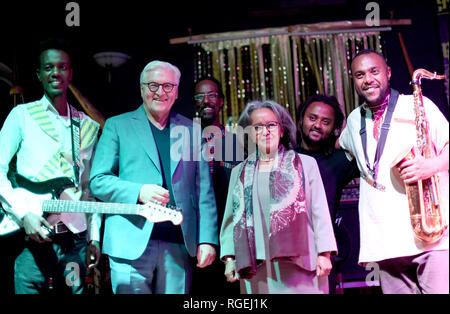 Addis Abeba, Ethiopia. 29th Jan, 2019. Federal President Frank-Walter Steinmeier (2nd from left) and Sahle-Work Zewde, President of the Democratic Federal Republic of Ethiopia, are on stage with musicians in the African Jazz Village. Credit: Britta Pedersen/dpa-Zentralbild/dpa/Alamy Live News Stock Photo