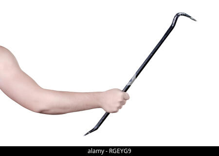 black crowbar in hand isolated on white background Stock Photo