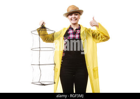 Happy Woman Holding Empty Fishing Keepnet Stock Photo - Image of