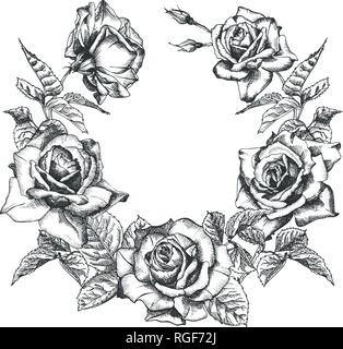 Floral frame. Hand drawn sketch of roses, leaves and branches Detailed vintage botanical illuatration. Black silhouette isollated on white background  Stock Vector