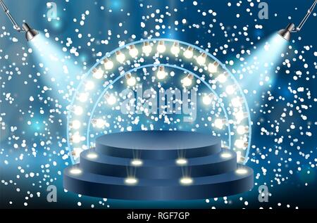 Colorful illuminated podium for awards and performances illuminated by bright spotlights. Vector illustration. EPS10 Stock Vector