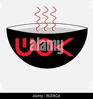 Minimalistic kitchen wok logo in black and white and red Stock Vector