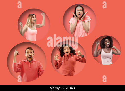 The collage of faces of surprised people on coral backgrounds. Human emotions, facial expression concept. collage of men and women Stock Photo