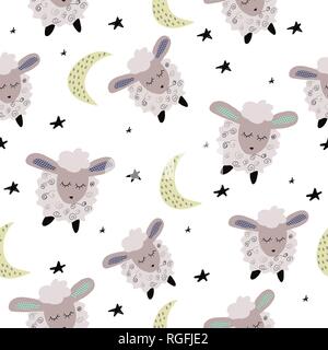 Seamless pattern with cute sleeping sheep, moon, stars in scandinavian style. Perfect for kids apparel, nursery decoration,wrapping. Vector Illustrati Stock Vector