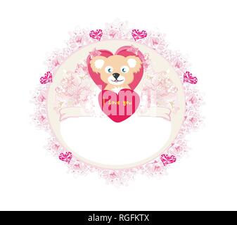 Cute Teddy bear with heart frame Stock Vector