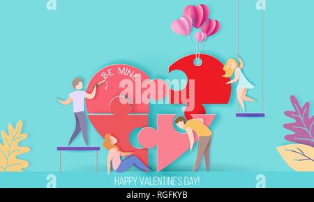 Valentines day card with small people build a big heart puzzle. Vector paper art illustration. Paper cut and craft style. Stock Vector