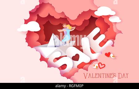 Valentines day sale card. Couple hugging in love on paper boat inside red clouds heart shaped with letters SALE. Vector illustration. Paper cut style. Stock Vector