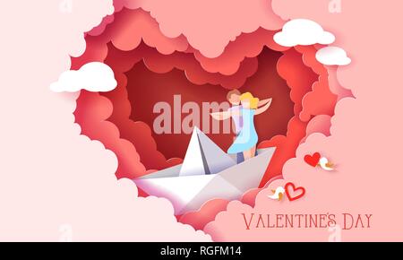 Valentines day card with couple hugging in love on paper boat inside red clouds heart shaped. Vector paper art illustration. Paper cut style. Stock Vector