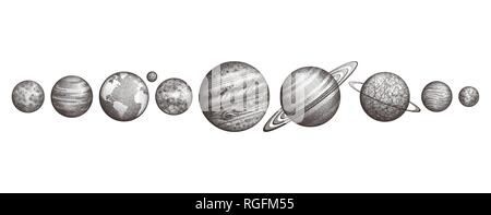 Collection of planets in solar system. Engraving style. Vintage elegant science set. Sacred geometry, magic, esoteric philosophies, tattoo, art Stock Vector