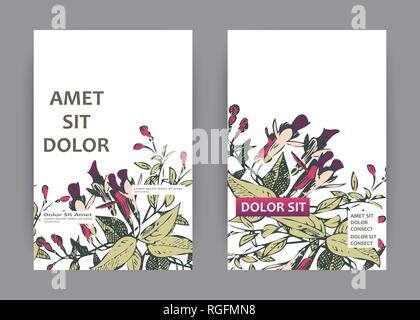 Botanical wedding invitation card template design, hand drawn fuchsia flowers and leaves, pastel color vintage rural with square frame on white backgr Stock Vector