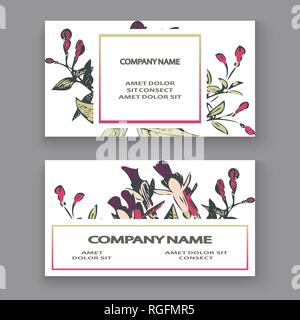 Botanical wedding invitation card template design, hand drawn fuchsia flowers and leaves, pastel color vintage rural with square frame on white backgr Stock Vector