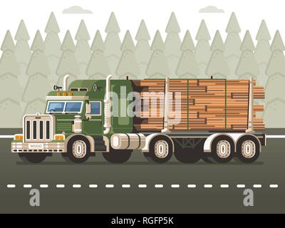 Logging Truck With Timber Wood Harvesting Concept Stock Vector