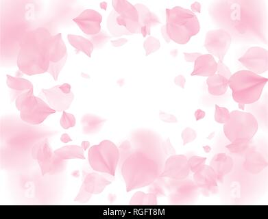 Pink sakura petals falling flower vector background. Romantic blossom isolated on white background. Overlay Valentines 3D illustration. Spring tender  Stock Vector