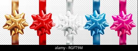 Golden, red, silver, blue, pink gift bow set with vertical ribbon. Isolated on white background. Vector illustration. Christmas, New Year, birthday Stock Vector