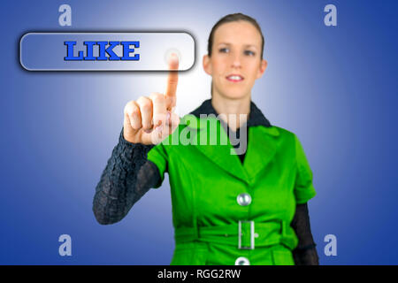 Young woman pressing Like button on virtual screen. Stock Photo
