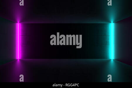 Abstract dark concrete interior background with colorful vertical neon lights in corners, 3d render illustration