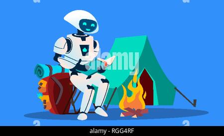 Robot Reading A Book Near Fireplace Vector. Isolated Illustration Stock Vector
