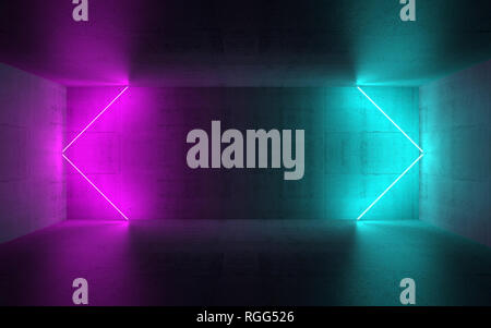 Abstract empty dark concrete interior with colorful neon lights installation, 3d render illustration Stock Photo