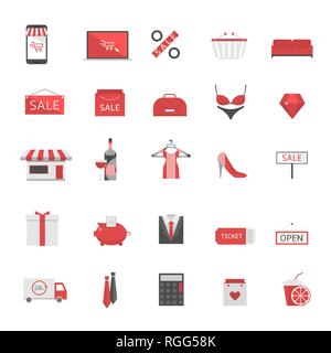 Shopping commerce icon set. Red icons, flat style Vector illustration Stock Vector