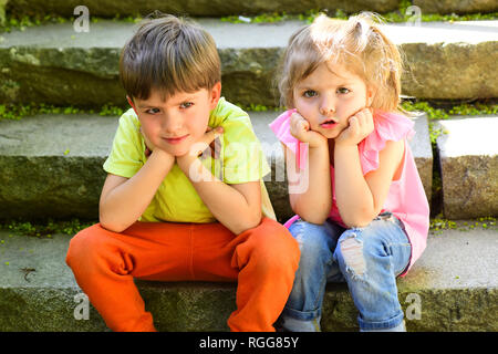 summer holiday and vacation. couple of little children. Boy and girl. childhood first love. best friends, friendship and family values. small girl and Stock Photo