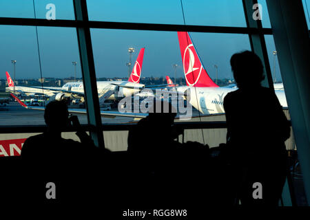 Turkish Airlines airplanes parked on the runway at the airport terminal Stock Photo