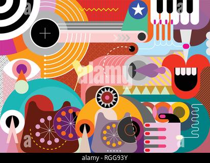 Abstract art design with obsolete phones and piano keyboard vector illustration. Stock Vector