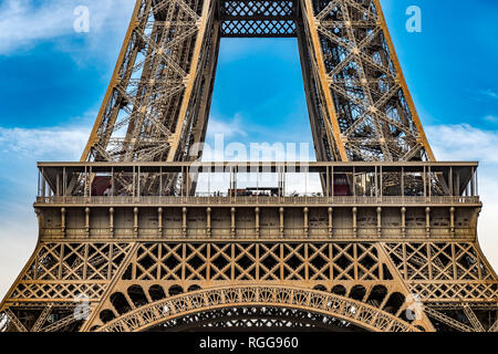 Close up of the detailed intricate Eiffel Tower wrought iron lattice work , The Eiffel Tower is the most visited paid monument in the world , Paris Stock Photo