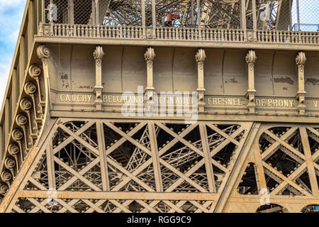 Close up of the detailed intricate Eiffel Tower wrought iron lattice work , The Eiffel Tower is the most visited paid monument in the world , Paris Stock Photo