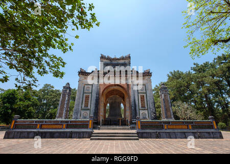 Frontal view of the stone stele pavilion at the Emperor Tu Duc tomb complex in Hue, Vietnam, Asia Stock Photo