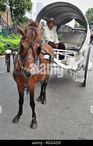 Manila, Philippines-October 24, 2016: Horse drawn kalesa-calash stops at Sta.Clara Street beside the Fort Santiago citadel while waiting for passenger Stock Photo