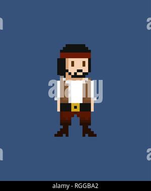 Pixel art vector illustration - 8 bit pirate crew member in white skirt and brown vest Stock Vector