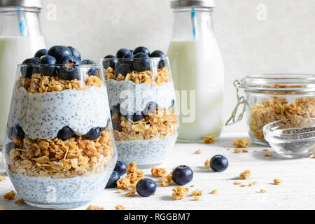 chia pudding or yogurt parfait with blueberries, granola and chia seeds on white wooden background with bottle of milk. healthy breakfast Stock Photo