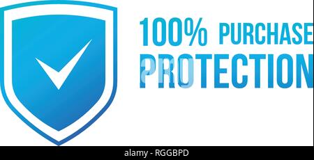 Blue 100 purchase protection, secure transaction shield with check mark. Vector illustration isolated on white. Stock Vector