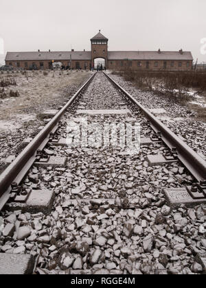 Railway track leading into Auschwitz-II Birkenau concentration and extermination camp, Oswiecim, Poland Stock Photo