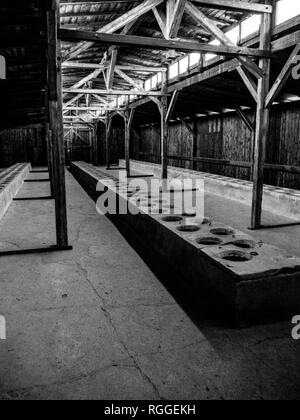 Interior of wooden barracks, living accommodation, toilet block, Auschwitz-II Birkenau concentration and extermination camp, Oswiecim, Poland Stock Photo