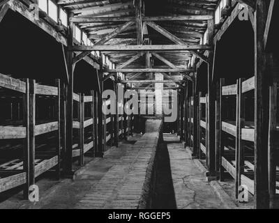 Interior of wooden barracks, living accommodation, Auschwitz-II Birkenau concentration and extermination camp, Oswiecim, Poland Stock Photo