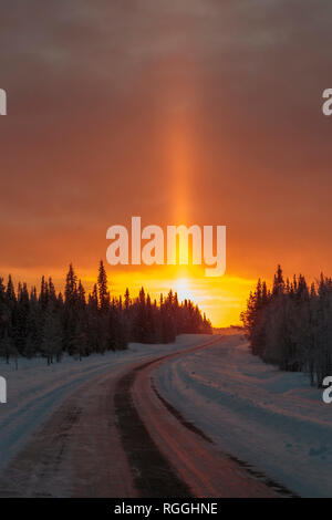 Winter landscape in direct light, shining through trees in a forest and sun pillar shooting up in the sky, road going in to the sun, snow is in the ai Stock Photo