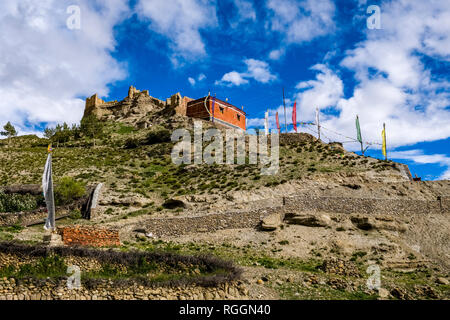The monastery of village is located on a hill in Upper Mustang Stock Photo