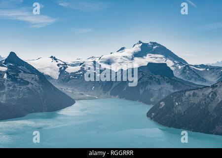 Turquoise Glacial Lake Garibaldi Lake in front of mountain range with snow and glacier, Mt Garibaldi, Garibaldi Provincial Park Stock Photo