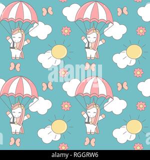 cute lovely cartoon unicorn flying with parachute funny seamless vector pattern background illustration Stock Vector