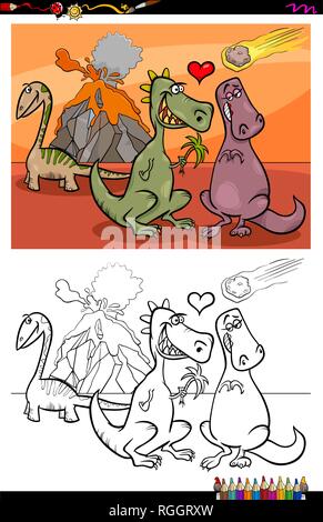 Cartoon Illustration of Funny Dinosaurs Characters in Love Coloring Book Activity Stock Vector