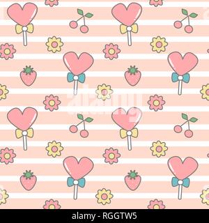 cute lovely seamless vector pattern background illustration with heart lollipops, daisy flowers, cherries and strawberries Stock Vector